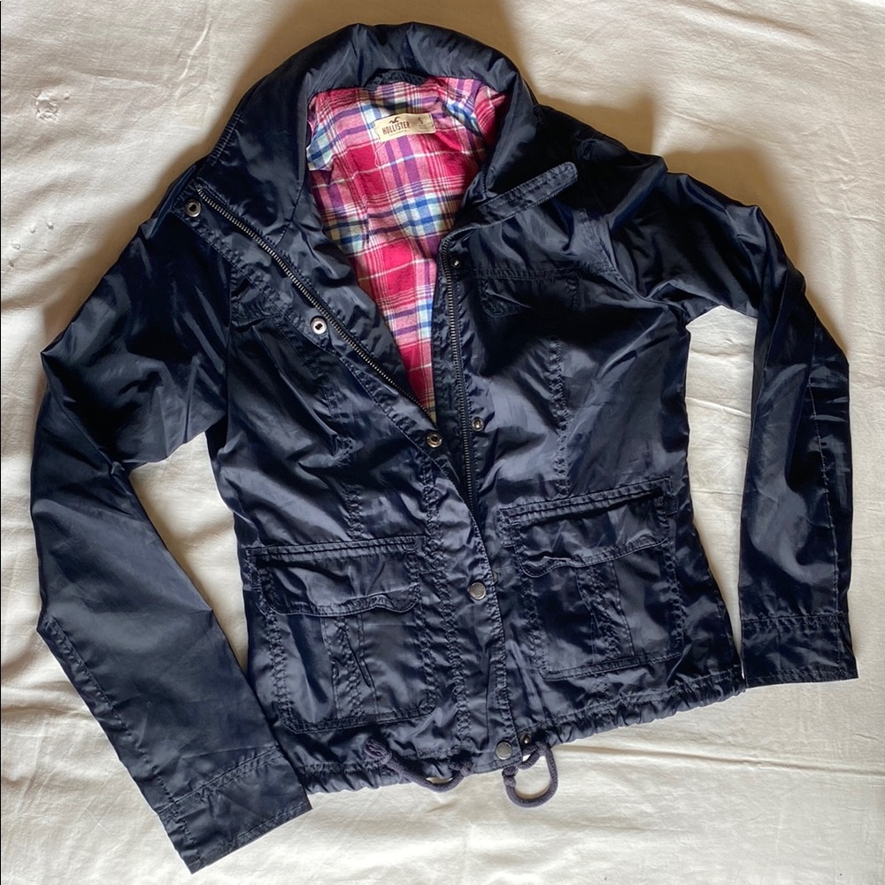 Hollister Women's Navy Jacket with Plaid Lining